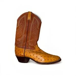 Justin Full Quill Ostrich Western Boots Mens 10.5 B Tan Brown Snip Toe USA